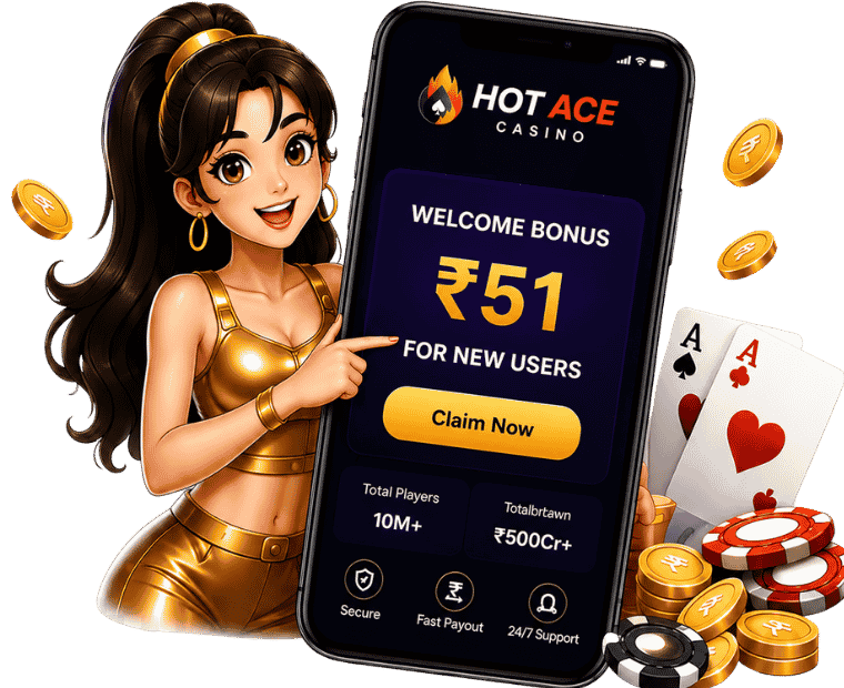 Hot Ace Casino girl holding a mobile phone showing the welcome bonus